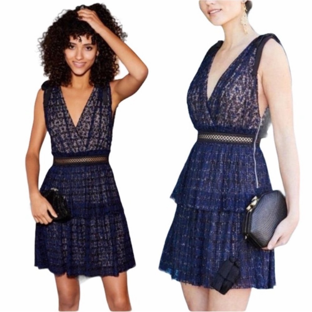 Self-Portrait Navy Metallic Mesh Shoulder Tie Mini Dress
